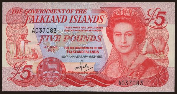 America, Falkland Islands: 5 pounds, 1983