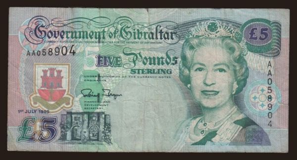 Europe, United Kingdom, Gibraltar: 5 pounds, 1995