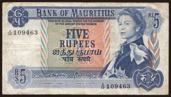 Afrika, Mauritius: 5 rupees, 1967