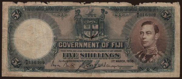 Austrália a Oceánia, Fiji: 5 shillings, 1938