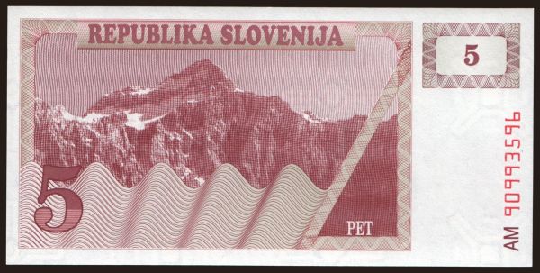 Európa, Slovinsko: 5 tolarjev, 1990