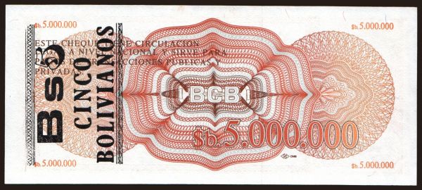 Amerika, Bolivia: 5.000.000 pesos / 5 bolivianos, 1987