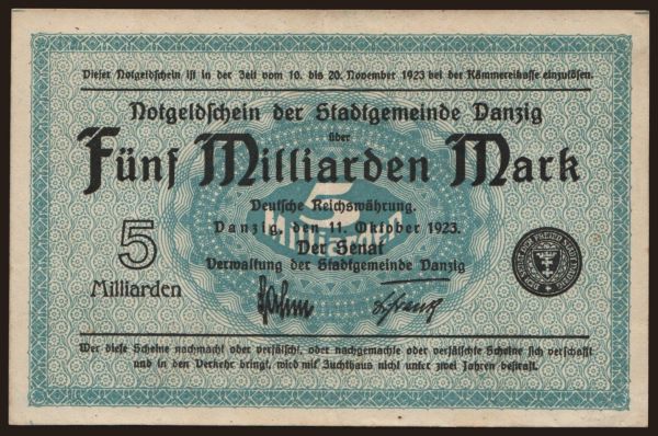 Europe, Danzig: 5.000.000.000 Mark, 1923