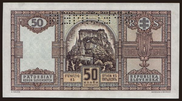 Česko-Slovensko a nástupní­cke štáty, Slovenský Štát (1939-45): 50 Ks, 1940