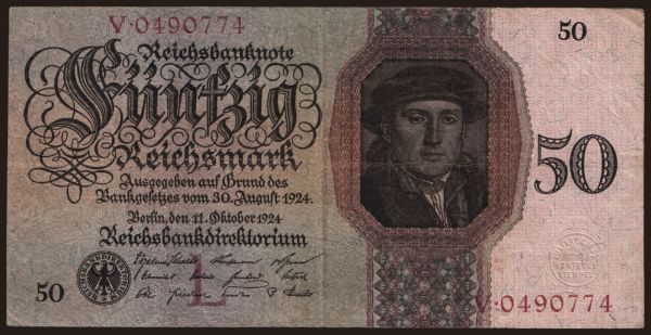 Nemecko, Reichsbank (1924-1945): 50 Reichsmark, 1924, L/V