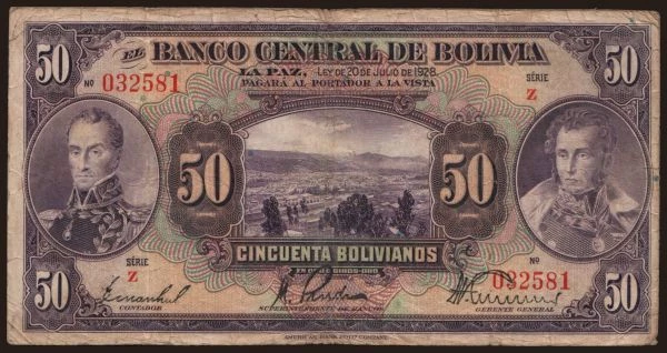 America, Bolivia: 50 bolivianos, 1928