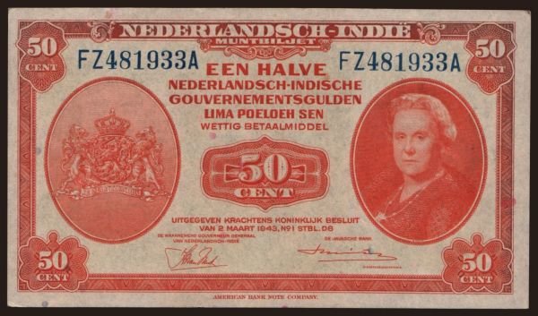 Asia, Netherlands East Indies: 50 cent, 1943