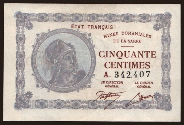 Europe, Saarland: 50 centimes, 1920