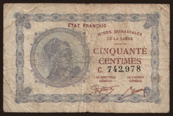 Europe, Saarland: 50 centimes, 1920