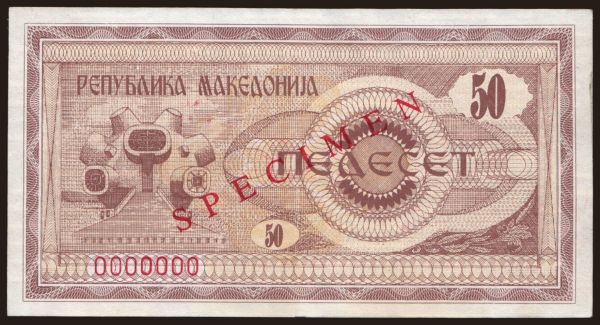 Európa, Macedonia: 50 denari, 1992, SPECIMEN