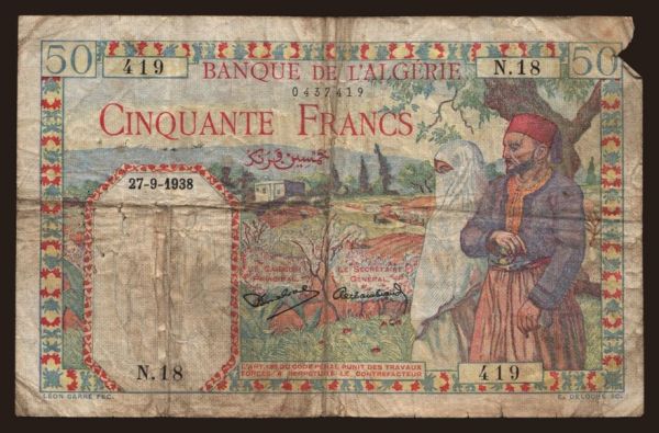 Africa, Algeria: 50 francs, 1938