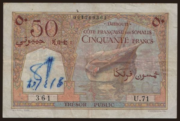 Afrika, Francia Szomáliföld: 50 francs, 1952