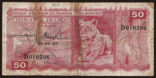 Africa, Rwanda: 50 francs, 1960