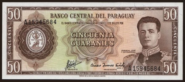 America, Paraguay: 50 guaranies, 1952