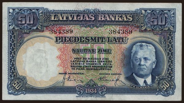 Europe, Latvia: 50 latu, 1934