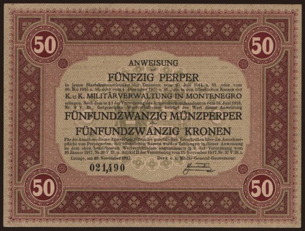 Európa, Montenegro: 50 perper, 1917