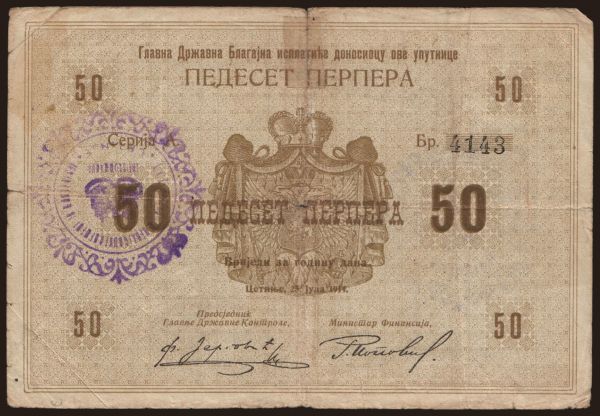 Európa, Montenegro: 50 perpera, 1914