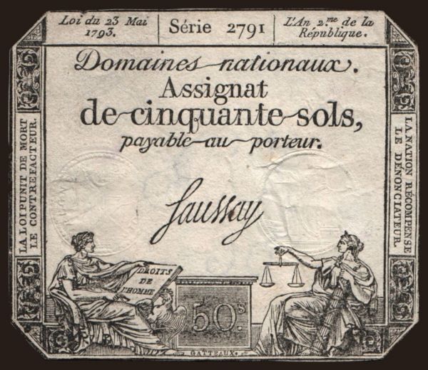 Európa, Francúzsko, Francúzsko - Assignat: 50 sols, 1793