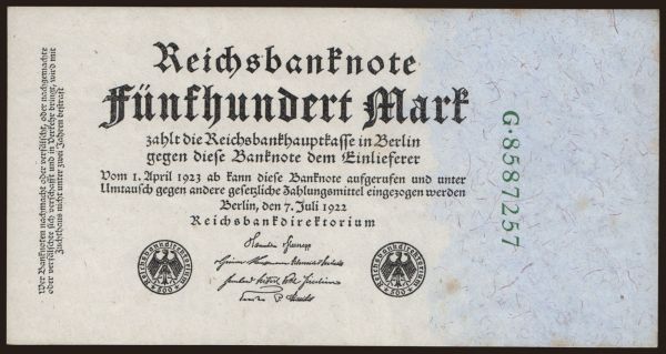 Germany, Inflation (1922): 500 Mark, 1922