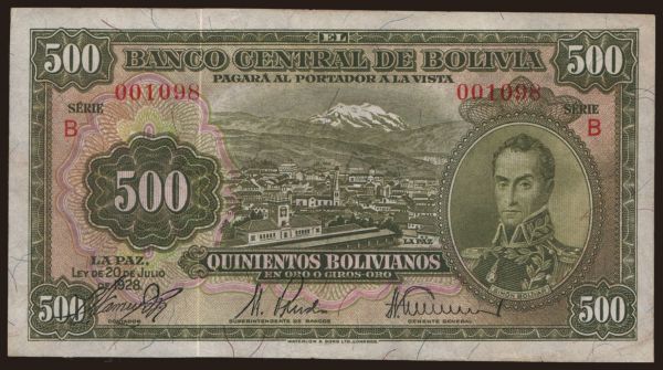 Amerika, Bolivia: 500 bolivianos, 1928