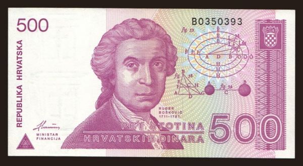 Európa, Chorvátsko: 500 dinara, 1991