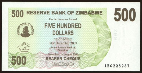 Afrika, Zimbabwe: 500 dollars, 2006