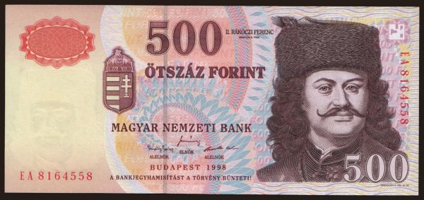 Hungary, Forint, 1946-: 500 forint, 1998