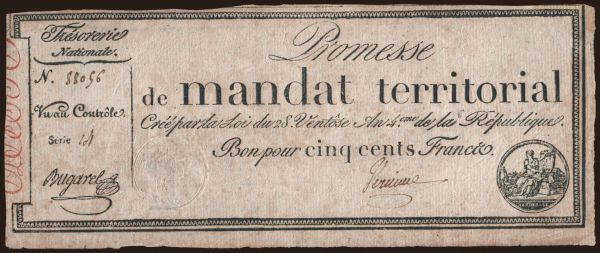 Europe, France, France - Assignat: 500 francs, 1796