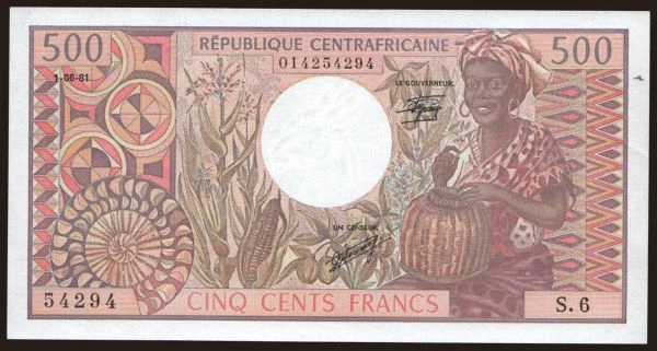 Afrika, Stredoafrická Republika: 500 francs, 1981