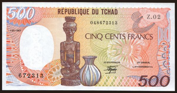 Afrika, Čad: 500 francs, 1987