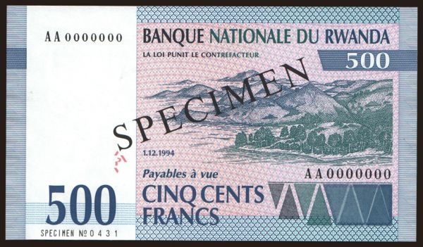 Afrika, Rwanda: 500 francs, 1994, SPECIMEN