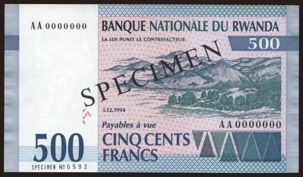 Africa, Rwanda: 500 francs, 1994, SPECIMEN