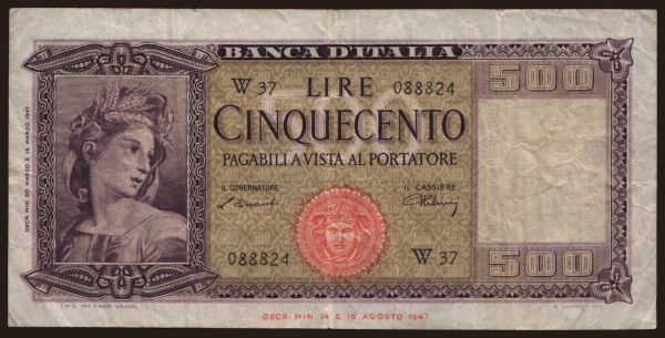 Európa, Olaszország, Olaszország - Állami kiadás 1947-: 500 lire, 1947