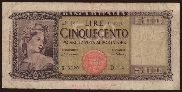 Európa, Taliansko, Taliansko - Štátna emisia 1947-: 500 lire, 1948