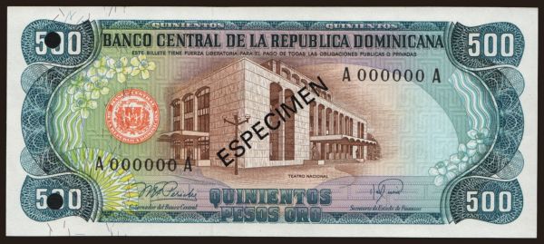 Amerika, Dominikánska republika: 500 pesos, 1978, SPECIMEN