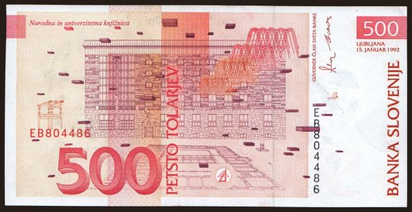 Európa, Szlovénia: 500 tolarjev, 1992