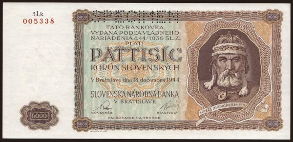 Česko-Slovensko a nástupní­cke štáty, Slovenský Štát (1939-45): 5000 Ks, 1944