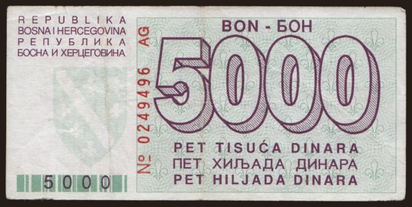 Európa, Bosnia-Hercegovina: 5000 dinara, 1992