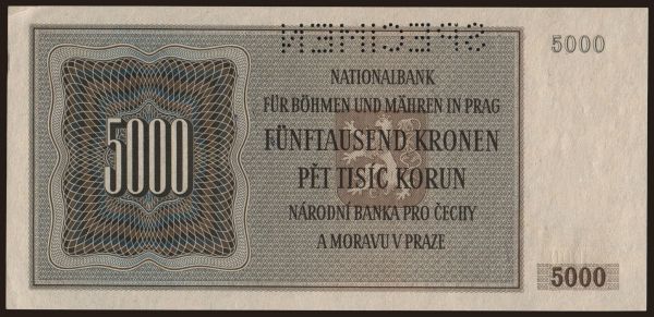 Czechoslovakia and successor states, Bohemia and Morava: 5000 korun, 1944