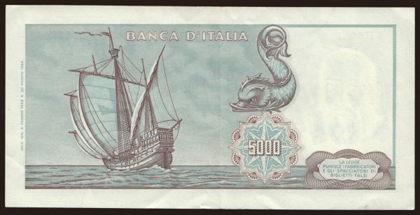 Európa, Taliansko, Taliansko - Štátna emisia 1947-: 5000 lire, 1968