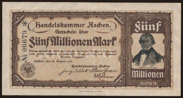 Németország, Grossgeld, Inflation, 1923: Aachen/ Handelskammer, 5.000.000 Mark, 1923