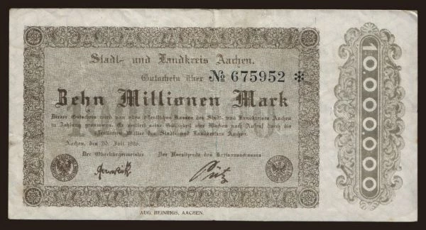 Germany, Grossgeld, Inflation, 1923: Aachen/ Stadt- und Landkreis, 10.000.000 Mark, 1923