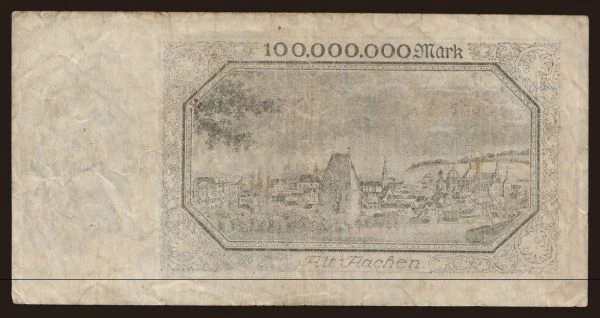 Nemecko, Grossgeld, Inflation, 1923: Aachen/ Stadt- und Landkreis, 100.000.000 Mark, 1923