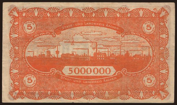 Germany, Grossgeld, Inflation, 1923: Aachen/ Stadt- und Landkreis, 5.000.000 Mark, 1923