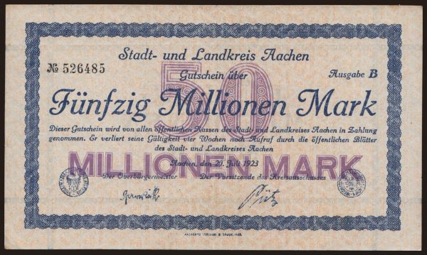 Germany, Grossgeld, Inflation, 1923: Aachen/ Stadt- und Landkreis, 50.000.000 Mark, 1923