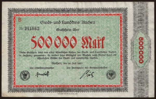 Germany, Grossgeld, Inflation, 1923: Aachen/ Stadt- und Landkreis, 500.000 Mark, 1923