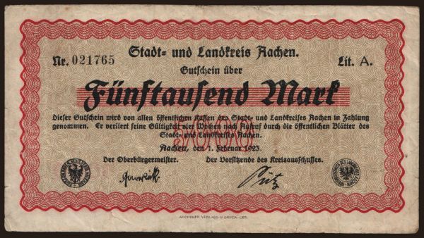 Germany, Grossgeld, Inflation, 1923: Aachen/ Stadt- und Landkreis, 5000 Mark, 1923