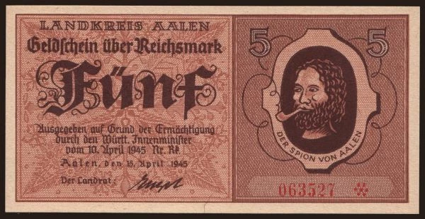 Germany, Notgeld, 1924-1948: Aalen, 5 Reichsmark, 1945