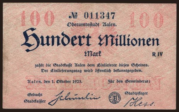 Németország, Grossgeld, Inflation, 1923: Aalen/ Stadtgemeinde, 100.000.000 Mark, 1923