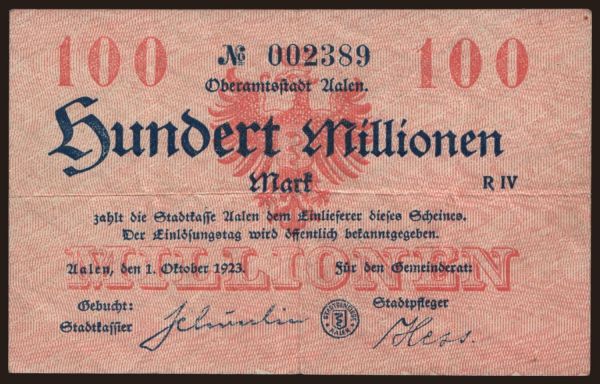 Nemecko, Grossgeld, Inflation, 1923: Aalen/ Stadtgemeinde, 100.000.000 Mark, 1923